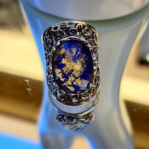 Paz Creations Blue Gold Glass Sterling Silver Ring Size 7
